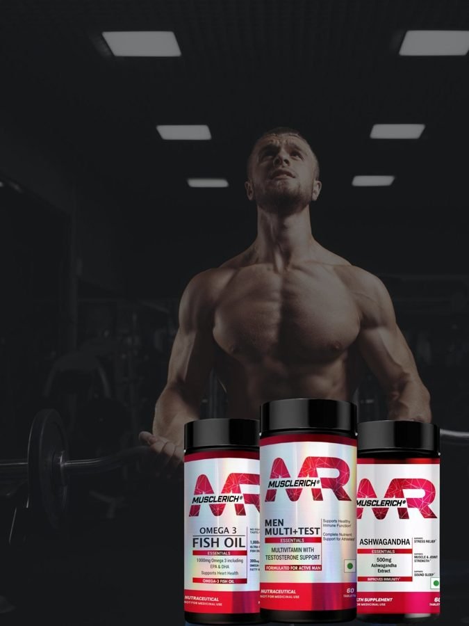 Athlete in a dark gym beside MuscleRich Omega-3, Men Multi+Test and Ashwagandha