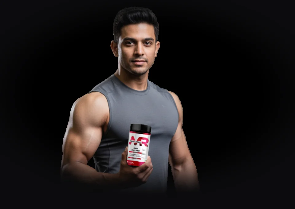 Athlete holding a bottle of MuscleRich supplements
